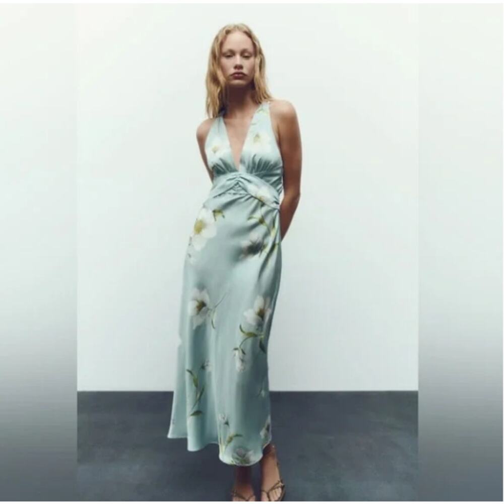 NWT Zara Satin Floral Maxi Dress Blue Lightweight Summer size Large